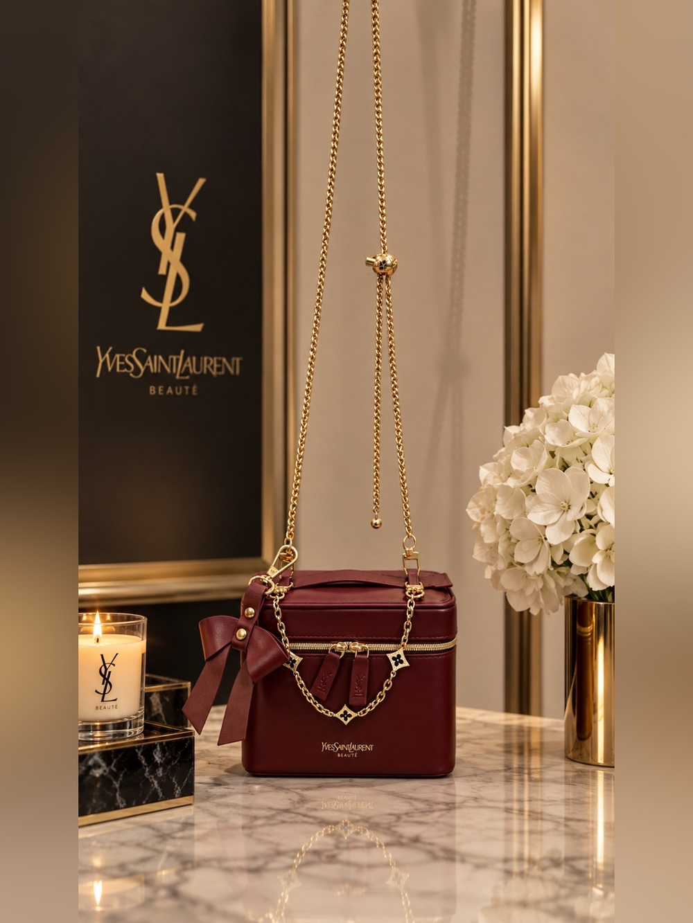 Yves Saint Laurent beaute Wine Red Leather Vanity Crossbody with Gold Chain